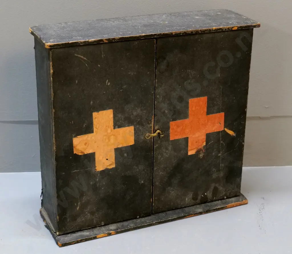 vintage wooden first aid cabinet with small metal catch - made by Ridgway, wear & tear, 1 printed paper panel missing Image 1++