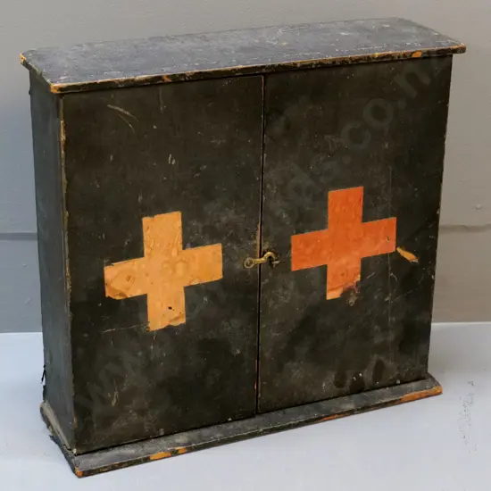 vintage wooden first aid cabinet with small metal catch - made by Ridgway, wear & tear, 1 printed paper panel missing