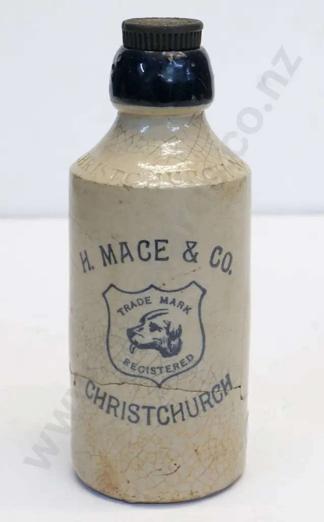 Dumpy ginger beer bottle, H Mace and Co, Christchurch, condition very poor, crack around Image 1++