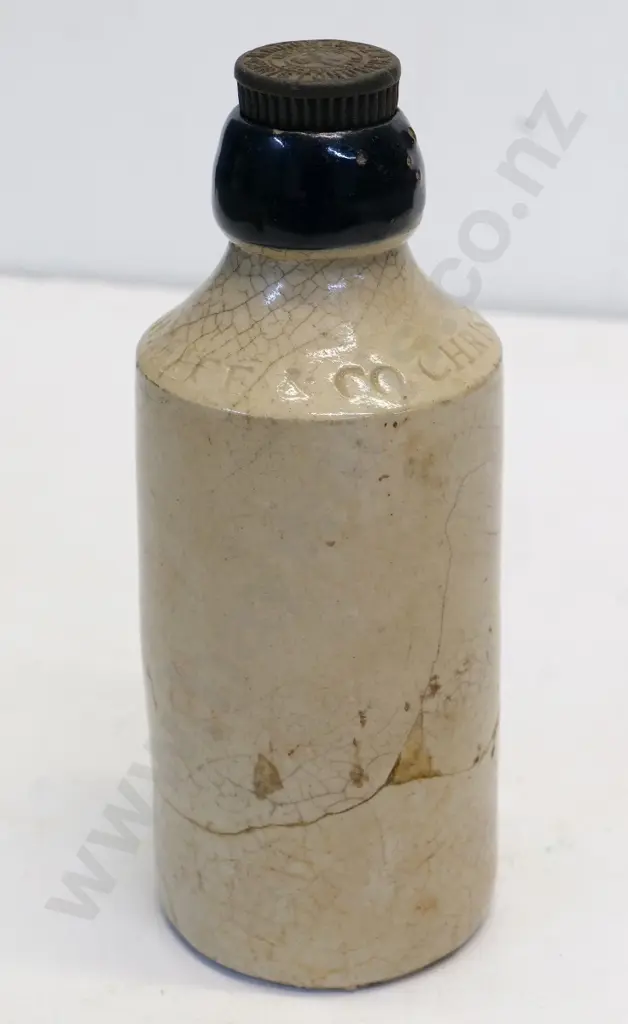 Dumpy ginger beer bottle, H Mace and Co, Christchurch, condition very poor, crack around Image 1++