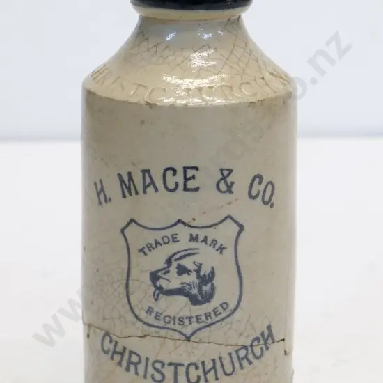 Dumpy ginger beer bottle, H Mace and Co, Christchurch, condition very poor, crack around