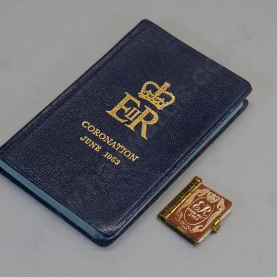tiny Queen Elizabeth II Coronation photo souvenir album H30 W25 & a 1952 coronation edition of new testament