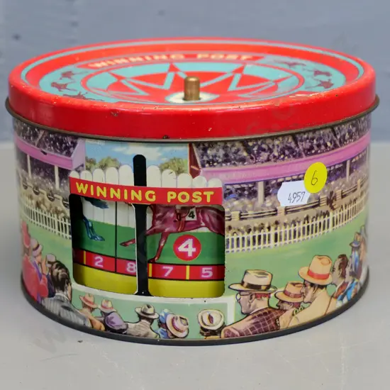 novelty Nestle Winning Post horse racing theme chocolate tin with spinning inner tin - outer tin H-100 D-180