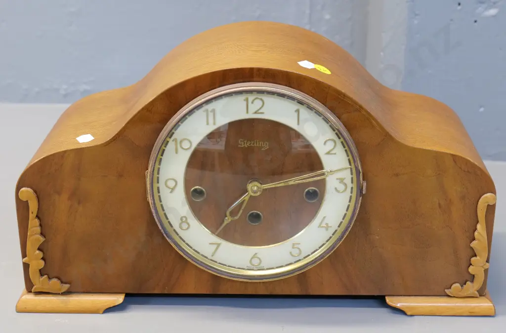 Sterling German oak-cased chiming mantel clock with brass bezel, brass and enamel face H200 W400 D130 Image 1++