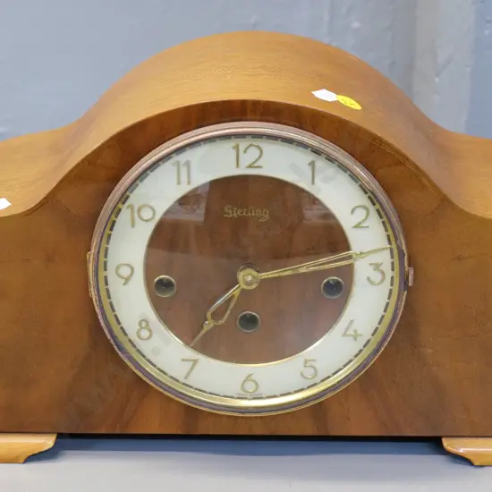 Sterling German oak-cased chiming mantel clock with brass bezel, brass and enamel face H200 W400 D130