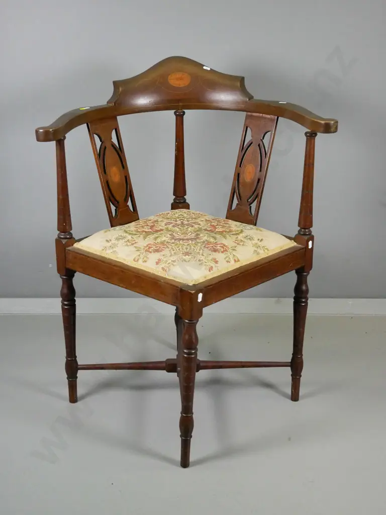 vintage mahogany splat back corner chair w/marquetry decoration, floral tapestry seat - loose back rail H790 W640 D590 Image 1++