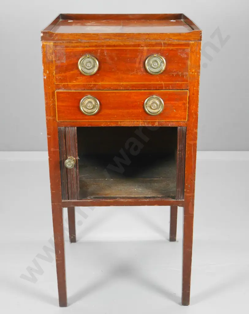 antique Regency era mahogany cabinet with single drawer, tambour door, brass handles, some cracks H890 430x430 Image 1++