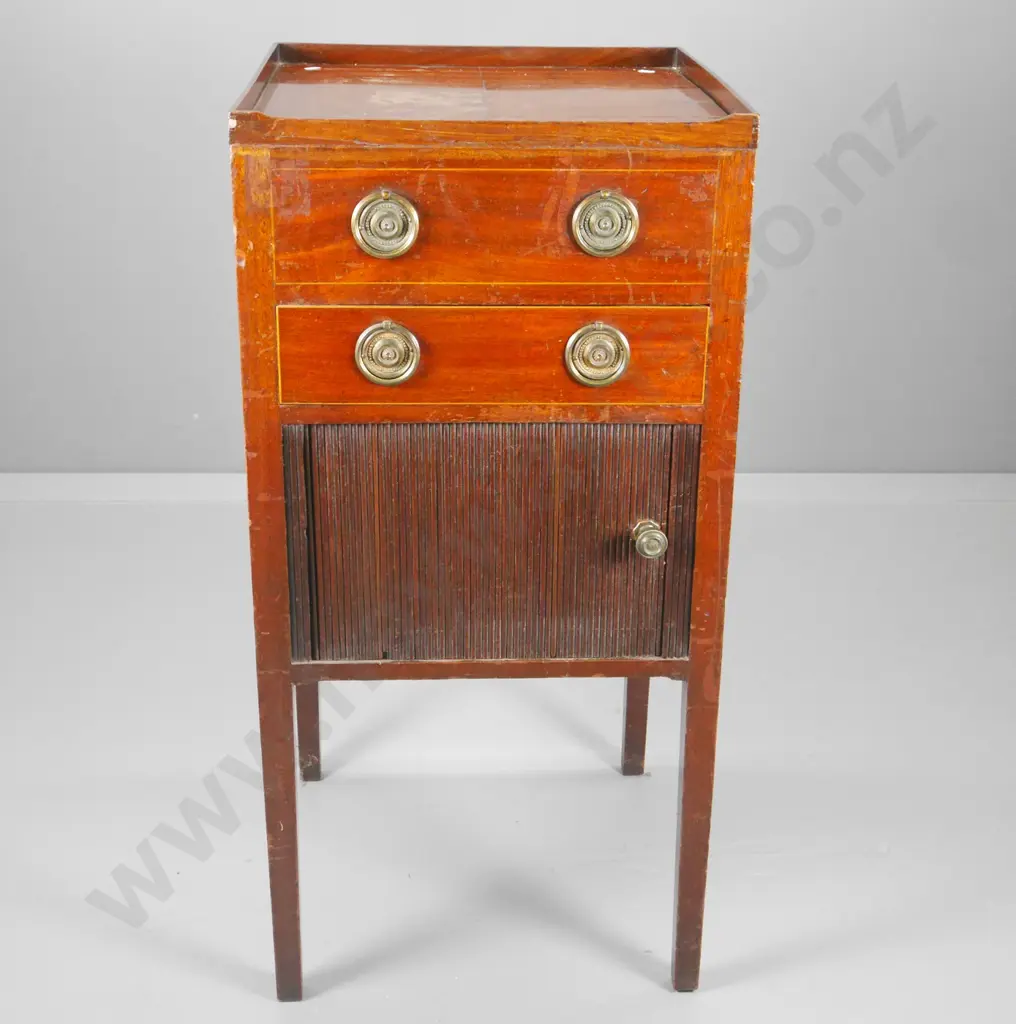 antique Regency era mahogany cabinet with single drawer, tambour door, brass handles, some cracks H890 430x430 Image 1++