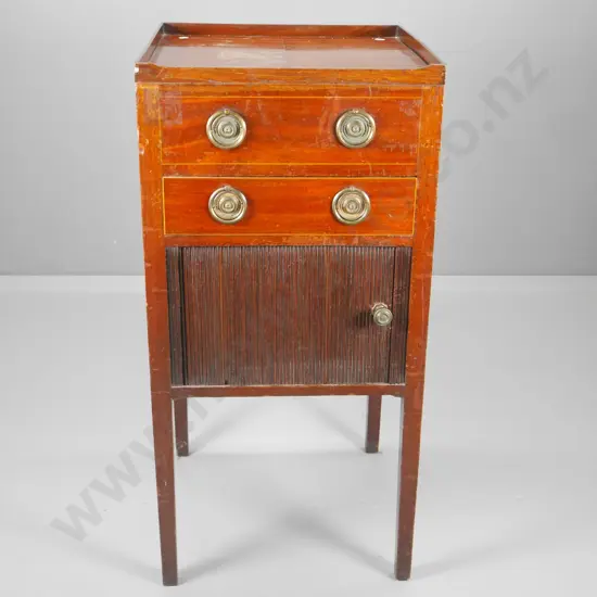 antique Regency era mahogany cabinet with single drawer, tambour door, brass handles, some cracks H890 430x430