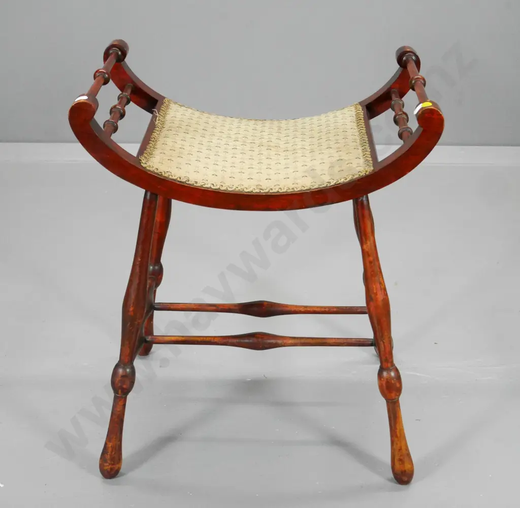 vintage mahogany stool with turned spindles, stretcher base, some wear to damask upholstered seat H580 W490 D310 Image 1++