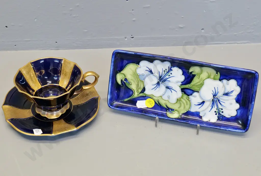 Moorcroft rectangular biscuit plate L-210 W-90 and a Lindner Bavarian cobalt and gold cup & saucer Image 1++