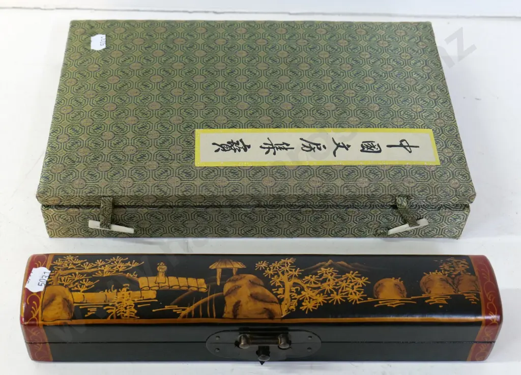 boxed calligraphy set W280 D180 and a reproduction painted wooden box containing some wood chopsticks Image 1++