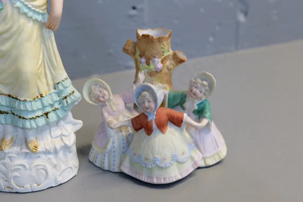3 vintage bisque figurines, no maker's marks - one is a vase with 3 children around tree trunk, tallest H-250 Image 1++