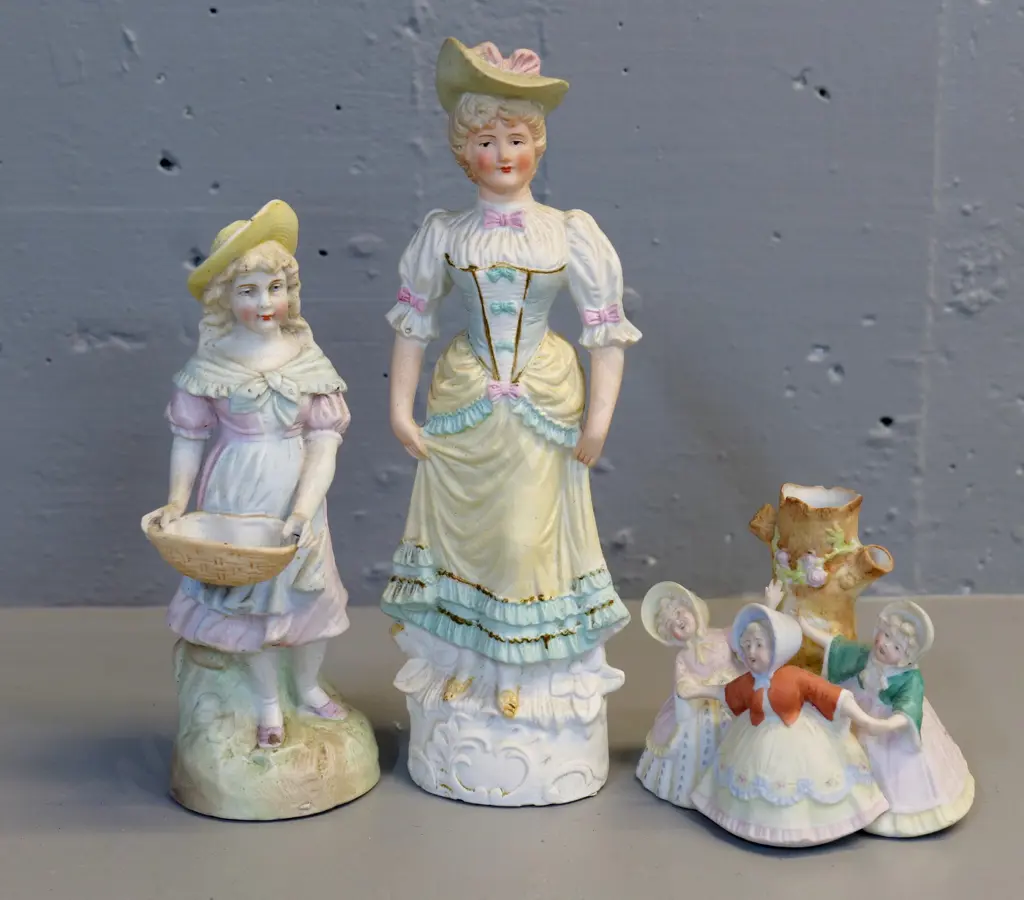 3 vintage bisque figurines, no maker's marks - one is a vase with 3 children around tree trunk, tallest H-250 Image 1++