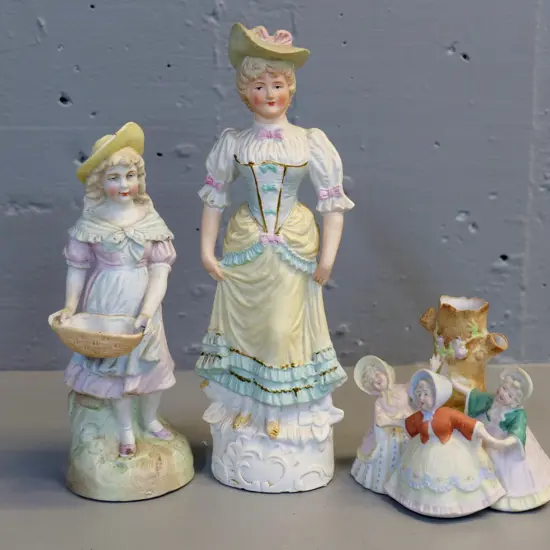 3 vintage bisque figurines, no maker's marks - one is a vase with 3 children around tree trunk, tallest H-250