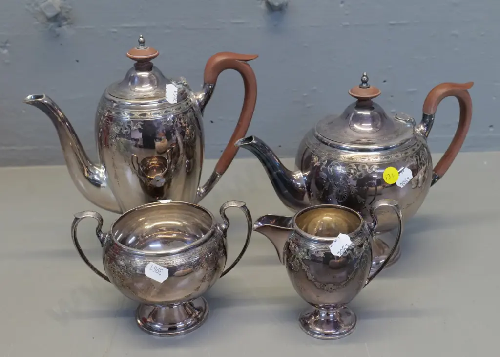 Walker & Hall silver plated teapot, coffee pot H220, creamer jug and sugar - etched pattern, bakelite handles Image 1++