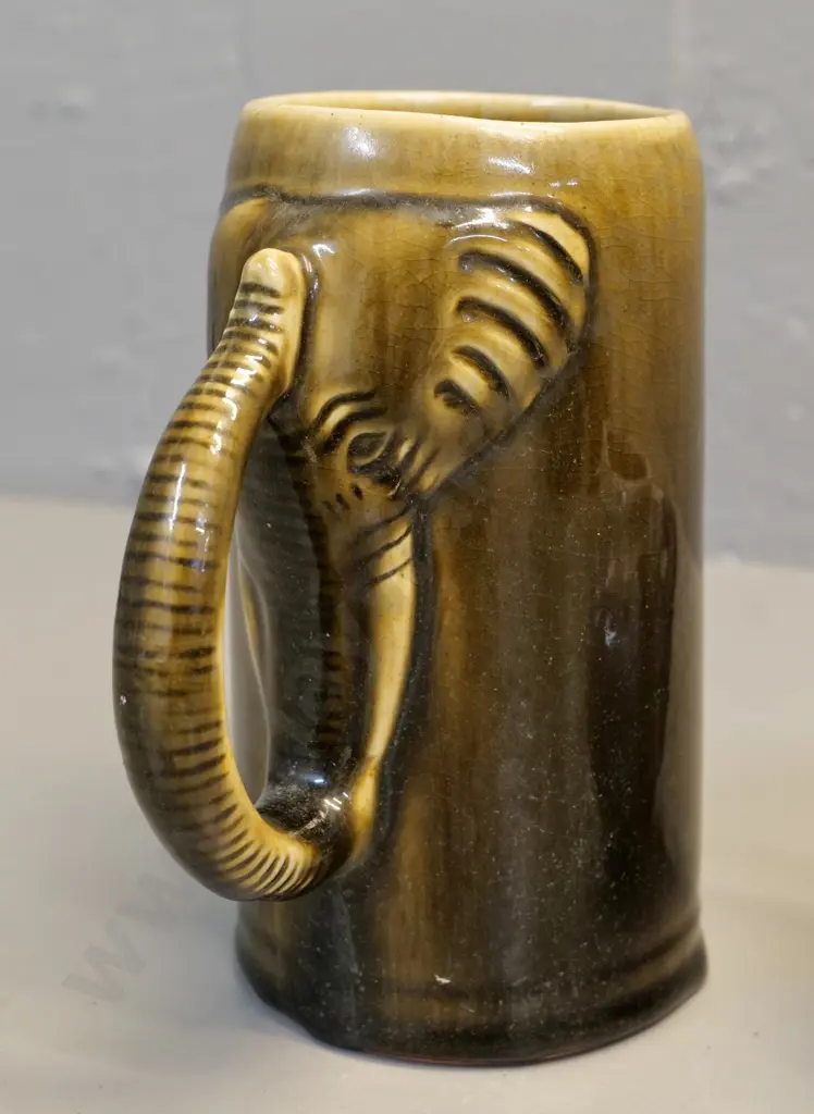 studio pottery jug with elephant handle H-170 and a small fish jug - no maker's marks on either Image 1++
