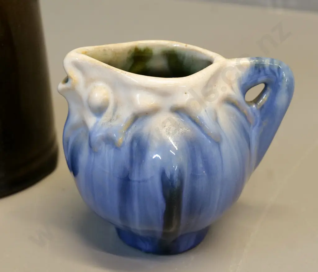 studio pottery jug with elephant handle H-170 and a small fish jug - no maker's marks on either Image 1++