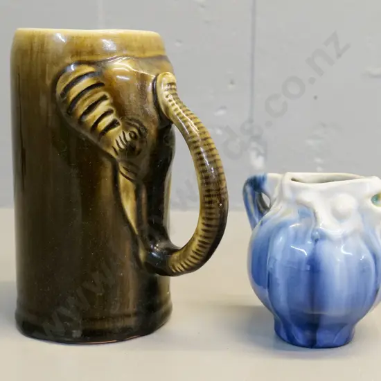 studio pottery jug with elephant handle H-170 and a small fish jug - no maker's marks on either