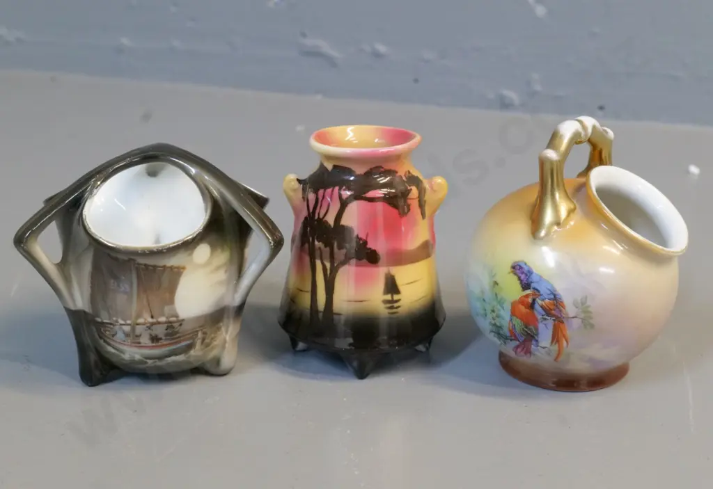 3 pieces of Royal Bayreuth china - sunset scene, macaws, fishing boats - tallest is H-90 Image 1++