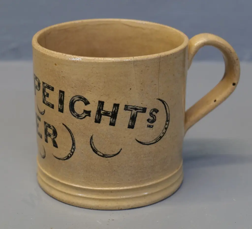 Milton potteries "Drink Speights Beer" beer mug - with Milton 'garter' mark H-100 D-100 - 2 hairline cracks & small chip Image 1++