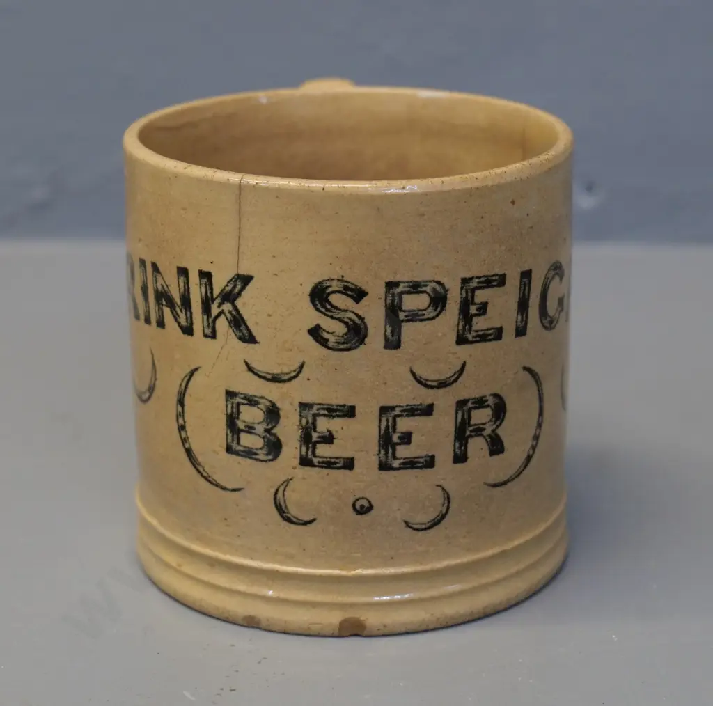 Milton potteries "Drink Speights Beer" beer mug - with Milton 'garter' mark H-100 D-100 - 2 hairline cracks & small chip Image 1++