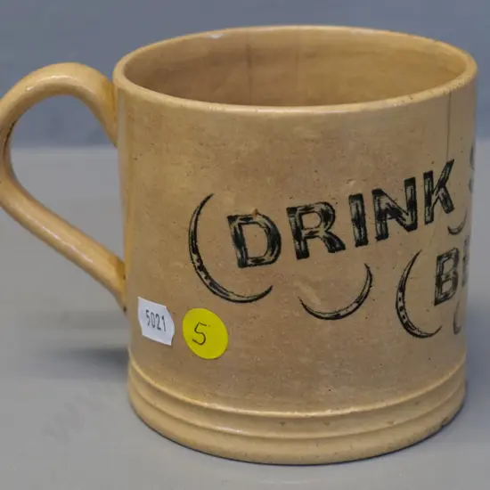 Milton potteries "Drink Speights Beer" beer mug - with Milton 'garter' mark H-100 D-100 - 2 hairline cracks & small chip