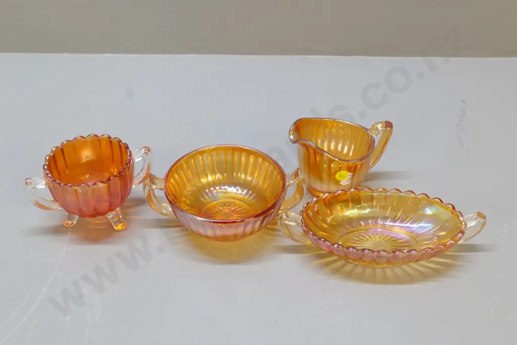 4 pieces ribbed marigold carnival glass - cream & sugar and 2 handled bowls Image 1++