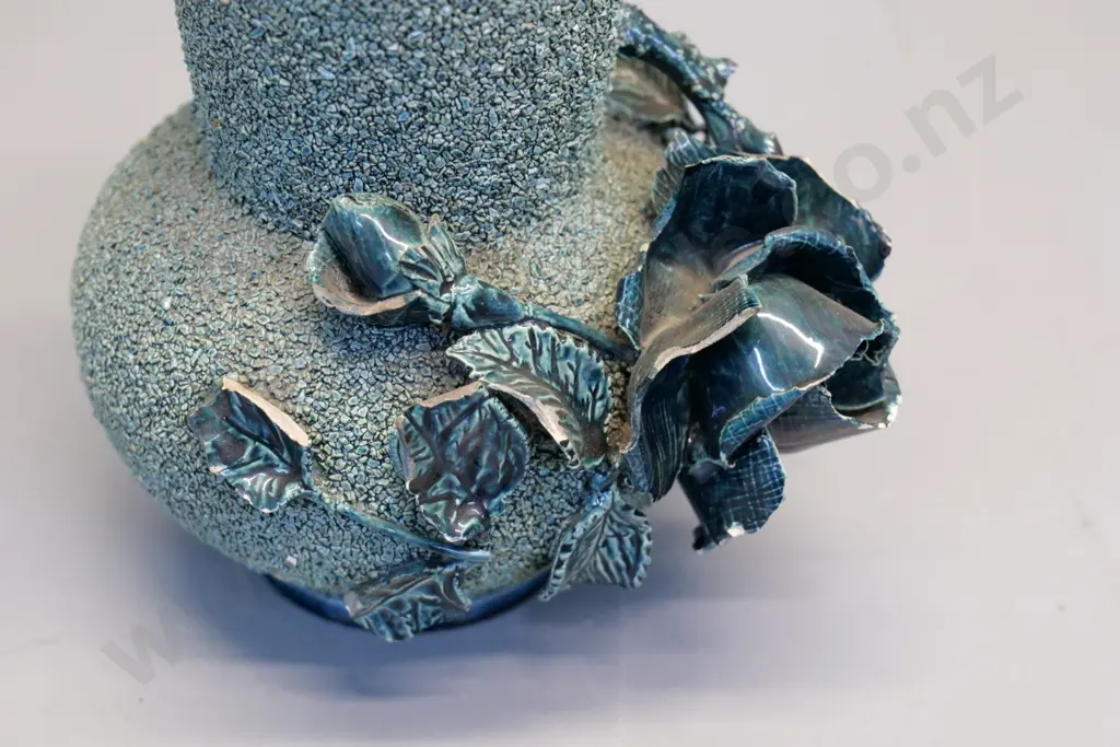 (Milton potteries?) green majolica vase with ceramic hail & applique roses - some chips H-220 Image 1++