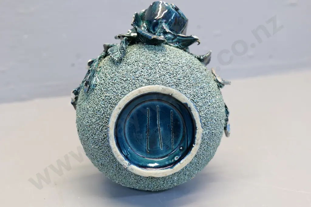 (Milton potteries?) green majolica vase with ceramic hail & applique roses - some chips H-220 Image 1++