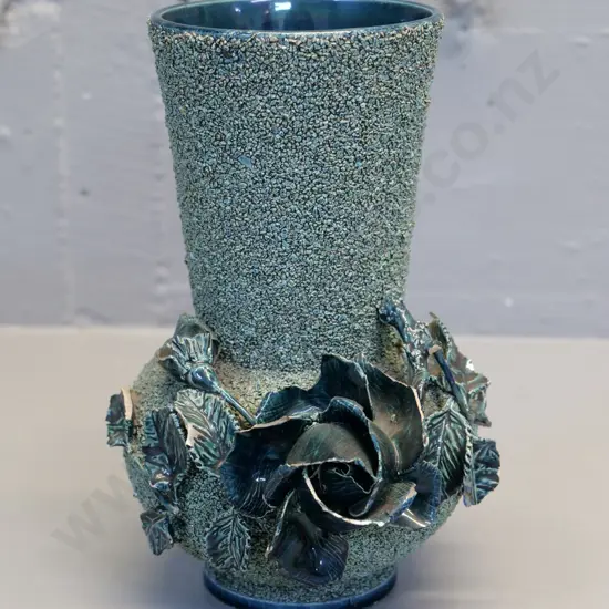 (Milton potteries?) green majolica vase with ceramic hail & applique roses - some chips H-220
