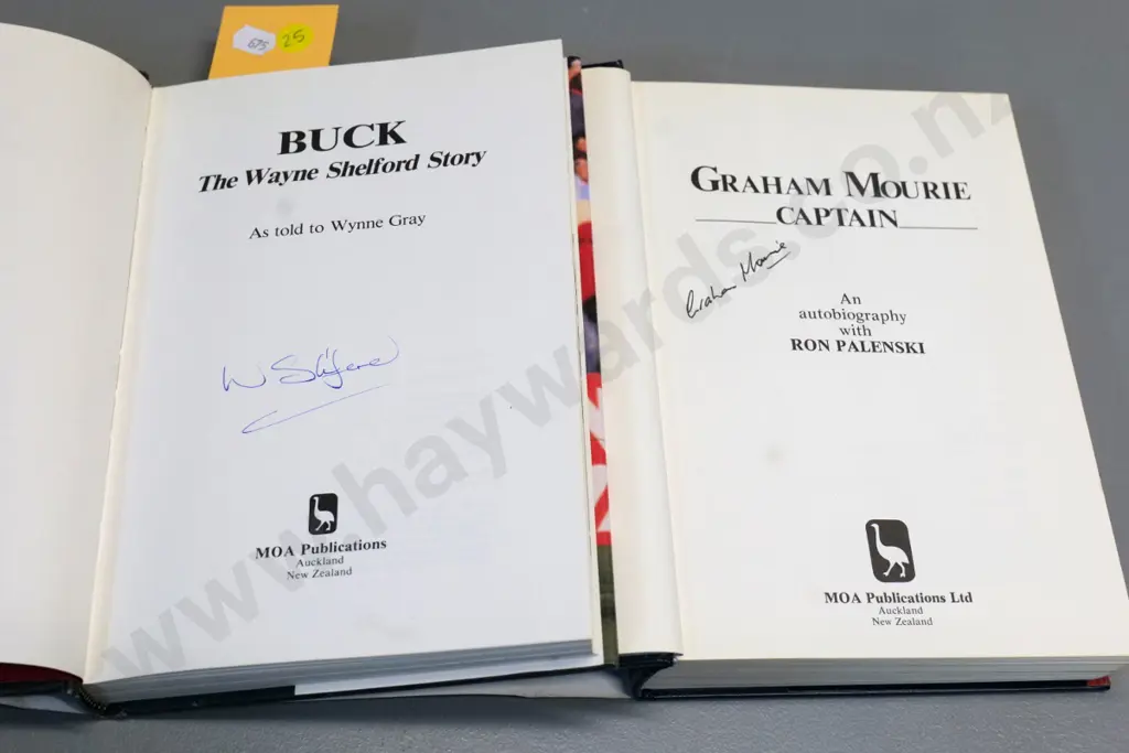 2 rugby books, both autographed by subjects - Graham Mourie (tear to dust jacket) and Wayne Shelford Image 1++