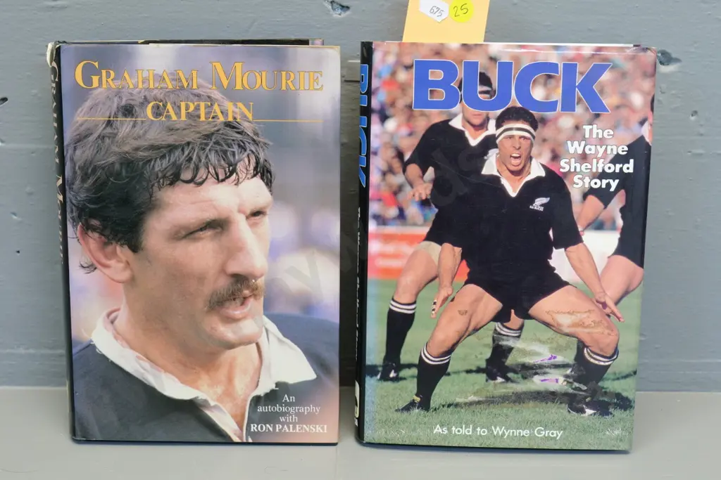 2 rugby books, both autographed by subjects - Graham Mourie (tear to dust jacket) and Wayne Shelford Image 1++
