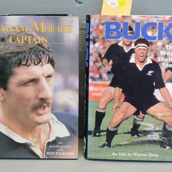 2 rugby books, both autographed by subjects - Graham Mourie (tear to dust jacket) and Wayne Shelford