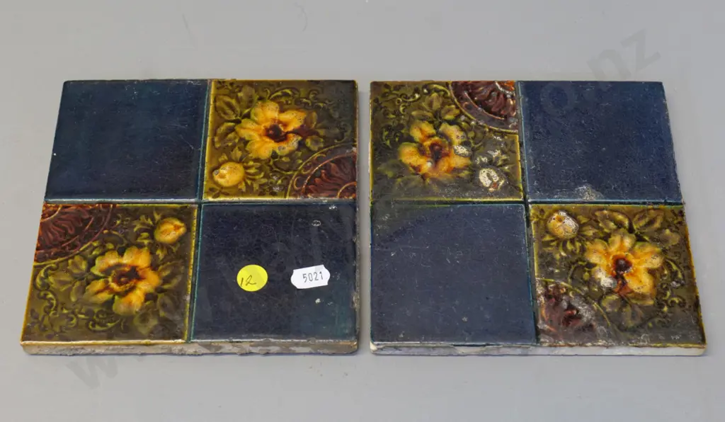 2 Milton potteries majolica tiles - back stamped New Zealand Potteries Milton 150 x 150 - some wear Image 1++