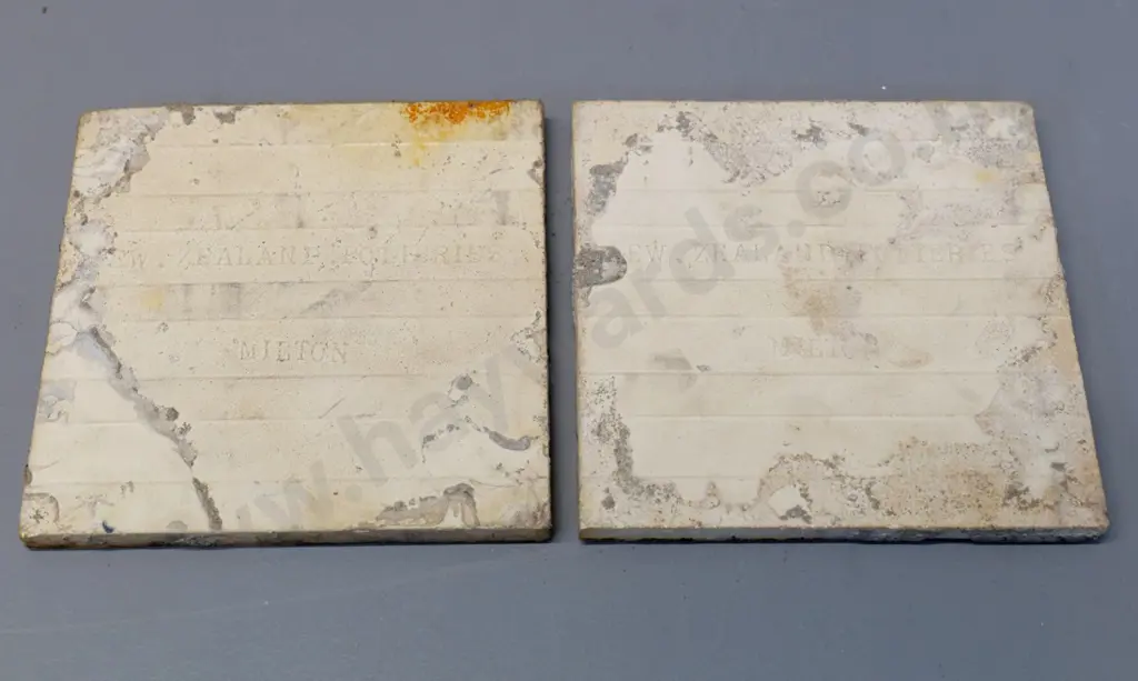 2 Milton potteries majolica tiles - back stamped New Zealand Potteries Milton 150 x 150 - some wear Image 1++
