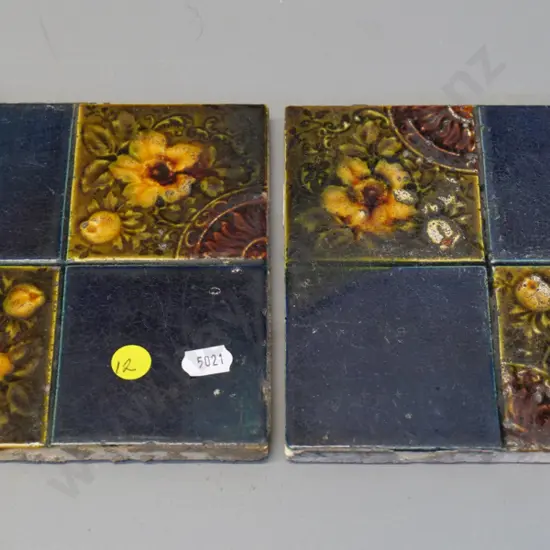 2 Milton potteries majolica tiles - back stamped New Zealand Potteries Milton 150 x 150 - some wear