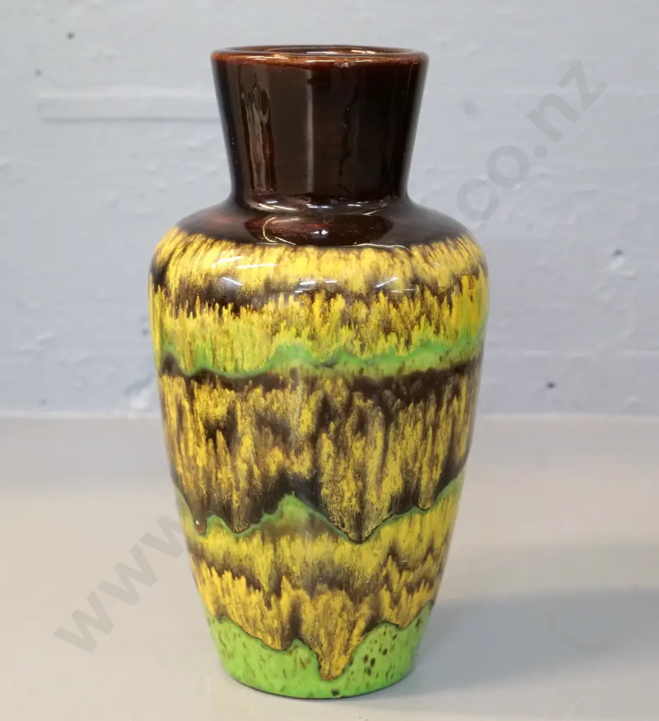 trickle glaze green, brown and yellow German pottery vase H-220 Image 1++