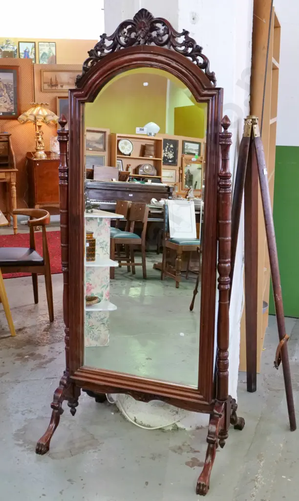 Victorian mahogany large floor-standing cheval mirror with ornate carved frame and base, bevelled mirror H1900 W800 D580 Image 1++