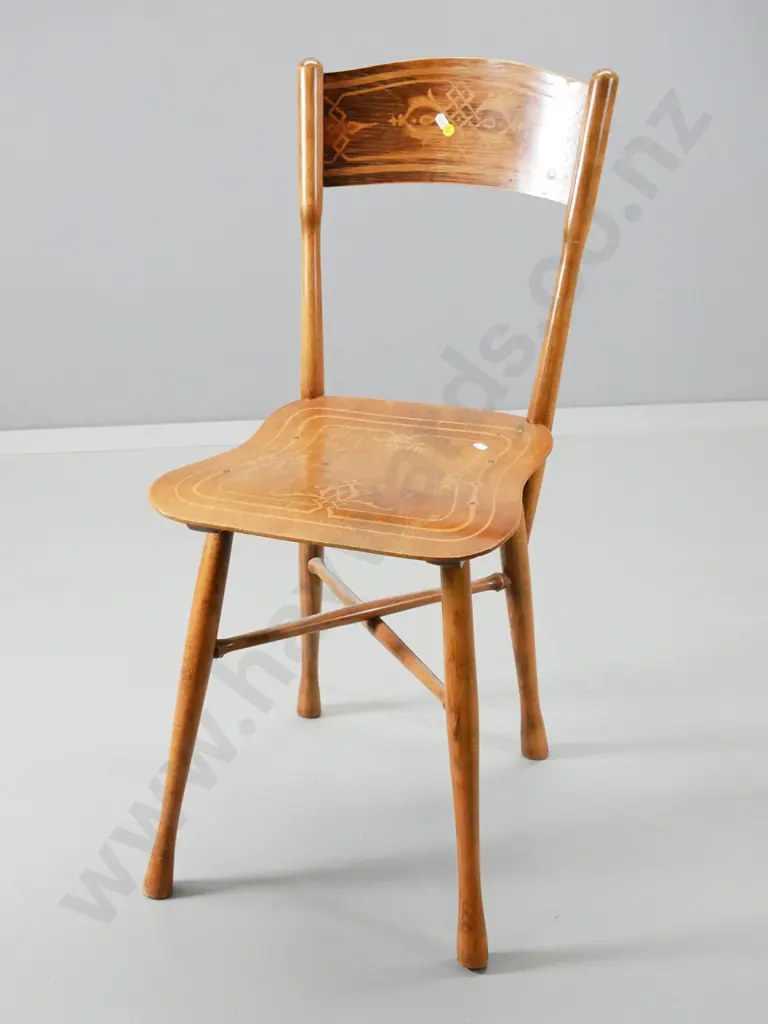 unusual vintage dining chair - ply seat and back with inlay decoration H-880 W-390 D-430 Image 1++
