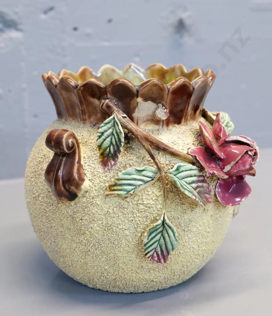 (Milton potteries?) majolica vase with ceramic hail & applique roses - AF - chips & damage to flowers H-160 Image 1++