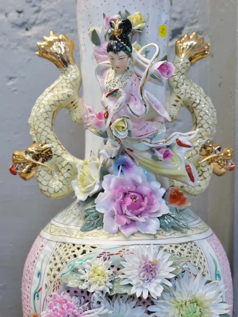 pair of large ornate Chinese vases w/dragon handles & elaborate applied flowers & figures, minor chips H560 W250 Image 1++