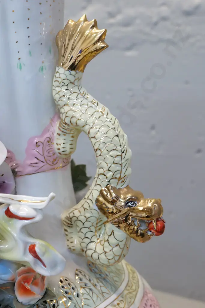 pair of large ornate Chinese vases w/dragon handles & elaborate applied flowers & figures, minor chips H560 W250 Image 1++