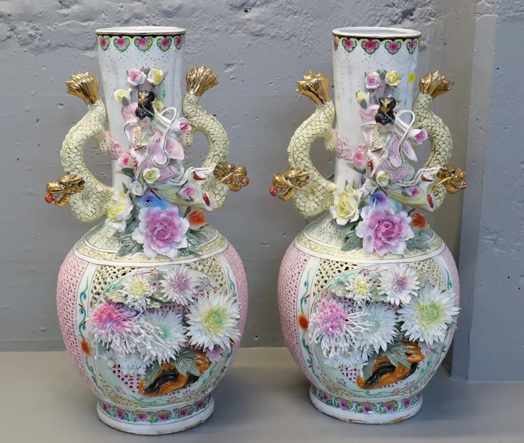 pair of large ornate Chinese vases w/dragon handles & elaborate applied flowers & figures, minor chips H560 W250 Image 1++