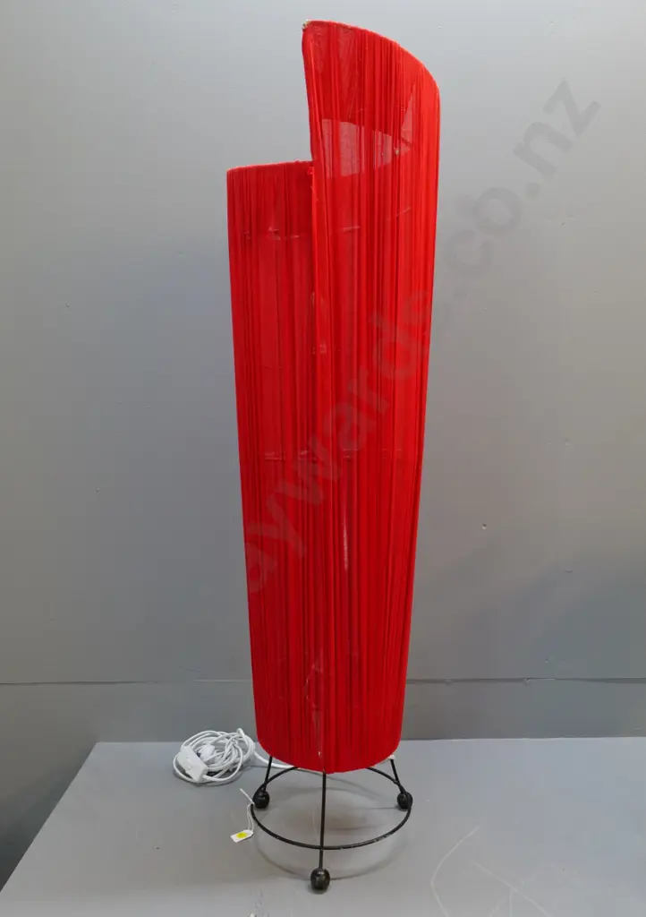 retro floor or table lamp with red fabric over metal-frame w/3 ball feet - H1000. Wear to fabric, minor paint chips Image 1++