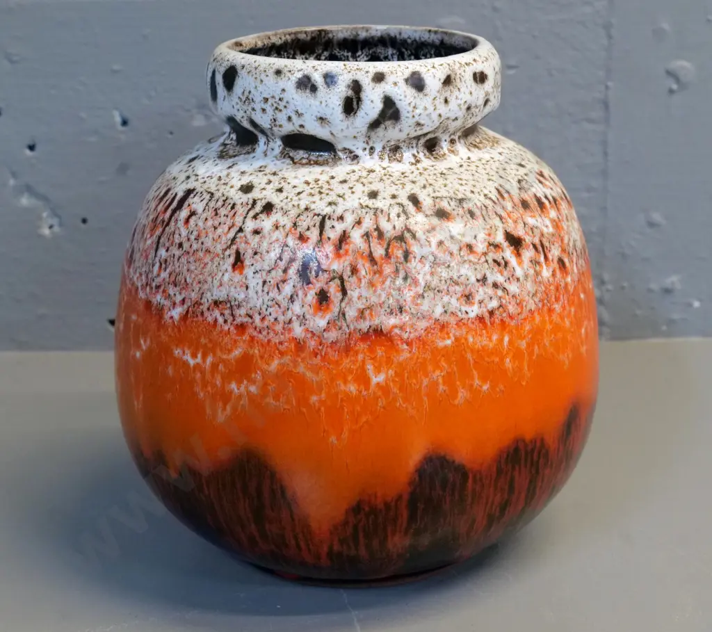 German pottery vase - orange brown and white speckle & drip glaze, stamped 852. H-190 D-170 Image 1++