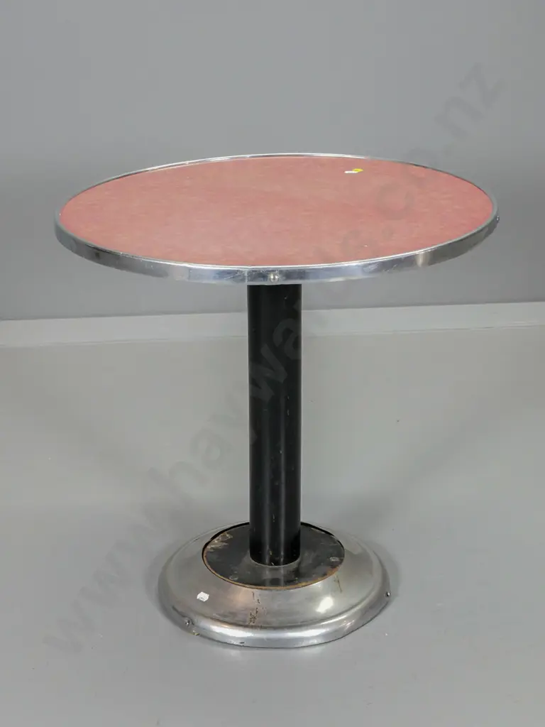 retro round pedestal occasional table w/ formica top, timber column, chrome base - some dents / chips H560 D545 Image 1++