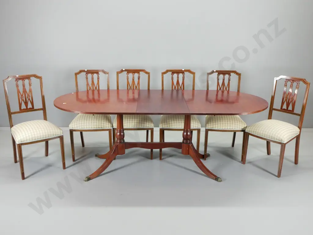 mahogany extending dining table, metal claw feet, 6 fretted back dining chair H710 W900 L1580 closed Image 1++