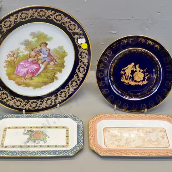 2 Limoges cabinet plates, larger is D-260, and 2 Wedgwood dishes - Blue Elephant & Venus