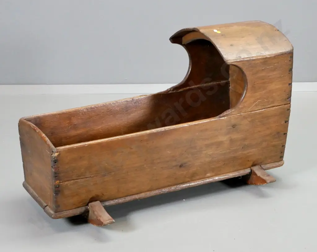 antique hooded rocking cradle - splits and wear, rocking action uneven, rockers replaced? H550 L670 W520 Image 1++